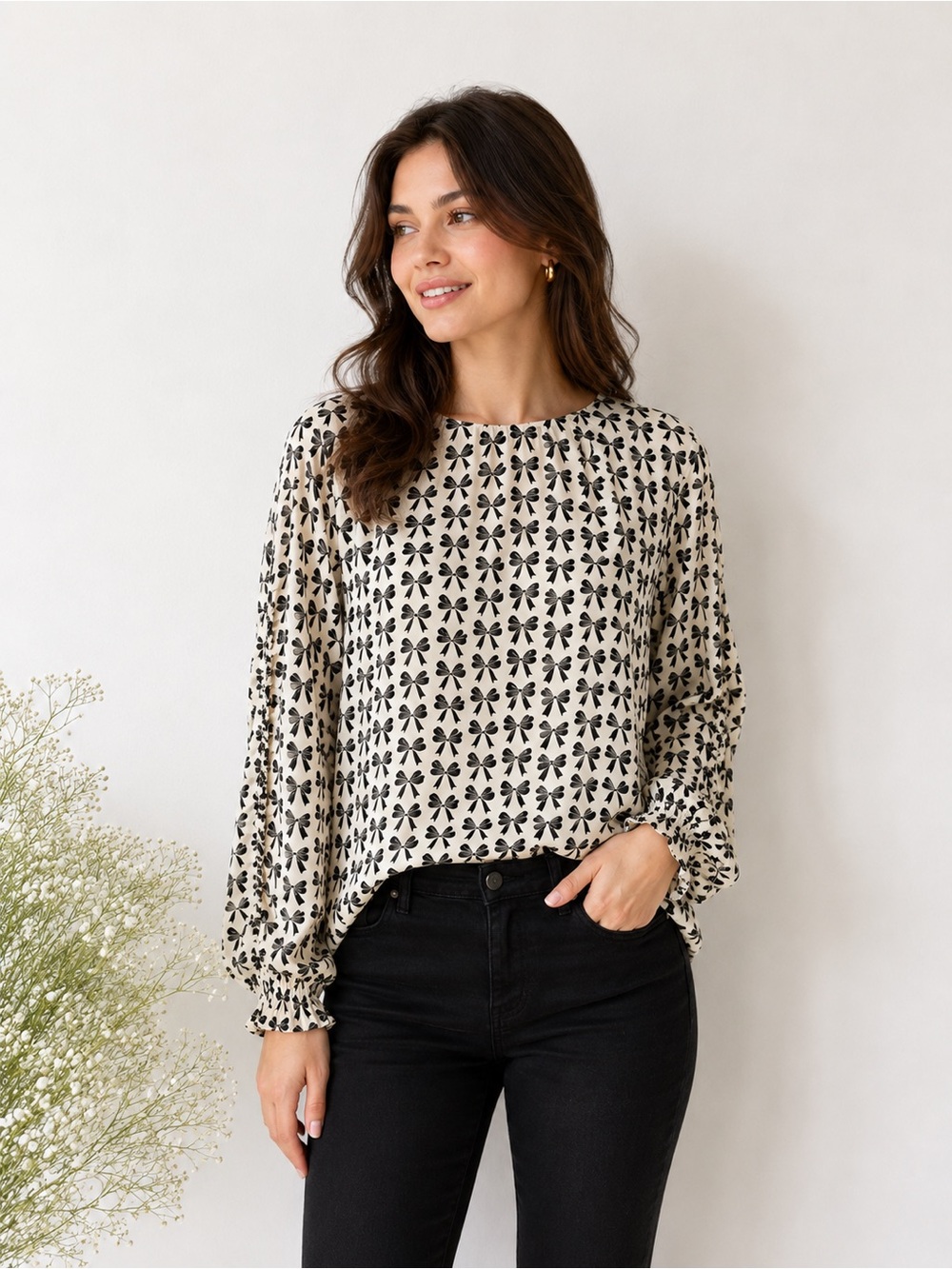 Talbots Women’s XL Cream & Black Bow Print Long Sleeve Blouse